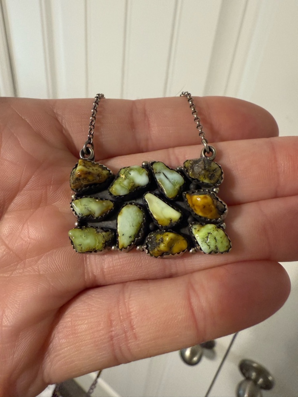 Native made Palomino turquoise bar necklace, sterling silver stamped
